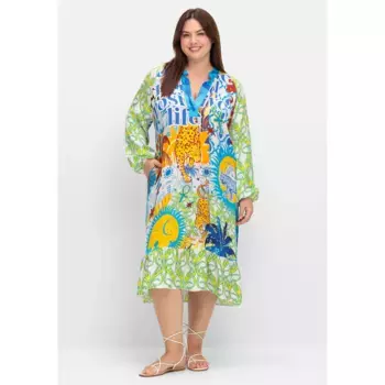 Платье с принтом Sheego "Большие размеры", длина миди, с воланом по подолу, цвет Gelb Gemustert