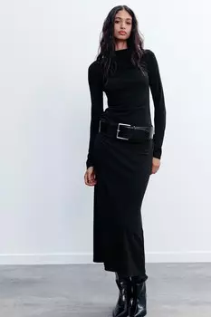 Платье с присборкой и поясом ZARA, черный