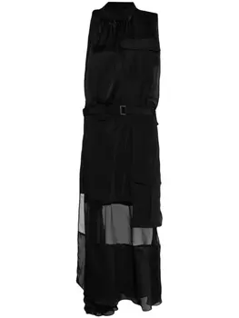Платье с прозрачными вставками и поясом sacai, черный