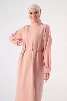 Платье с пудровым поясом и овальными разрезами по бокам ALL DAY