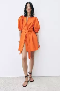 Платье с пуховыми рукавами ZARA, оранжевый