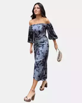 Платье с пышными рукавами и цветочным принтом MIPHAI, серый