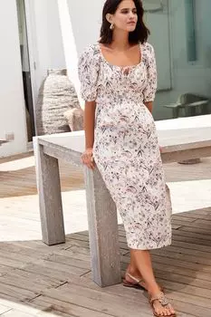 Платье с пышными рукавами и льном Next, розовый