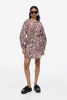 Платье с пышными рукавами и открытой спиной H&M, темно-коричневый/зебра