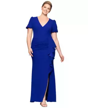 Платье с пышными рукавами и рюшами Plus Size XSCAPE, синий