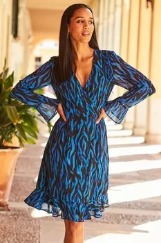 Платье с расклешенными манжетами и лифом Sosandar, синий