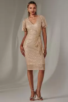 Платье с расклешенными рукавами и завязками по бокам, расшитое пайетками Jolie Moi, золотой