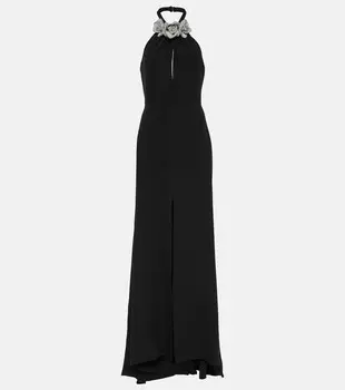 Платье с разрезом спереди и цветочной аппликацией Valentino, черный