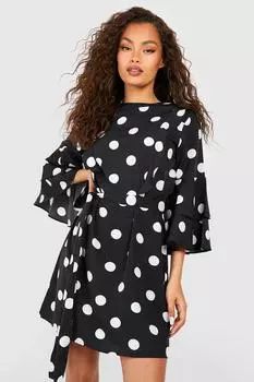 Платье с рукавами и завязкой по талии Boohoo, черный