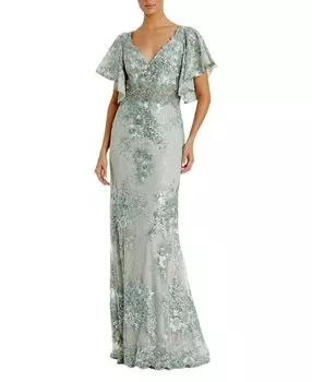 Платье с рукавами-колокольчиками и цветочным декором Mac Duggal, зеленый