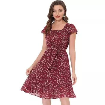 Платье с рюшами для женщин, шифоновое платье с квадратным вырезом и цветочным принтом, с развевающимися рукавами и поясом ALLEGRA K, цвет Burgundy