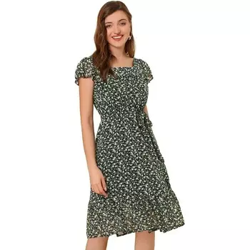 Платье с рюшами для женщин, шифоновое платье с квадратным вырезом и цветочным принтом, с развевающимися рукавами и поясом ALLEGRA K, черный