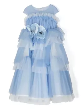 Платье с рюшами и цветочной аппликацией MARCESA KIDS COUTURE, синее