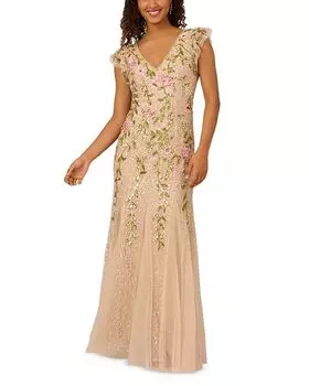 Платье с сетчатыми рукавами-крылышками и бисером Adrianna Papell, коричневый/бежевый