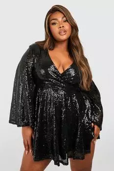 Платье с широким рукавом и рукавами с пайетками Boohoo, черный