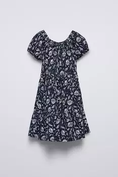Платье с текстурным цветочным рисунком ZARA, темно-синий/белый
