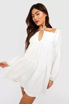 Платье с текстурным платьем с вырезом и буфами Boohoo, белый