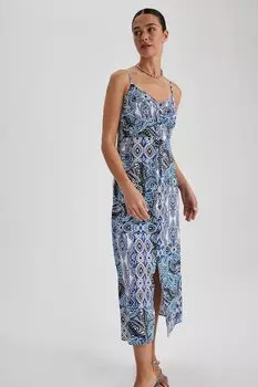Платье с узором и разрезом спереди Defacto, синий