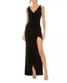 Платье с V-образным вырезом, декорированное короткими рукавами, имитацией запаха и разрезом Mac Duggal, черный