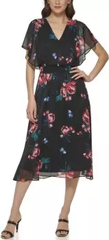 Платье с V-образным вырезом и развевающимися рукавами DKNY, цвет Maroon Multi