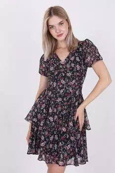 Платье с V-образным вырезом и объемными рукавами с цветочным принтом и рюшами Vitrin, разноцветный