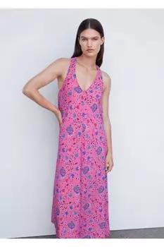Платье с V-образным вырезом и цветочным принтом Mango, розовый