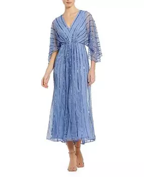 Платье с V-образным вырезом и рукавами кимоно с бисерной отделкой Mac Duggal, синий