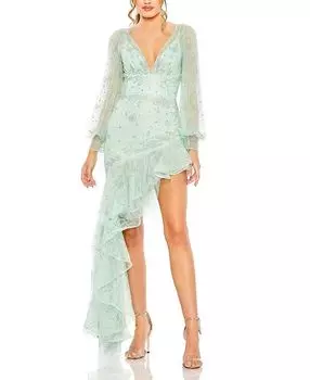 Платье с V-образным вырезом и рукавами "империал" асимметричного кроя Mac Duggal, зеленый