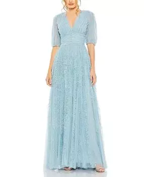 Платье с V-образным вырезом, пышными рукавами, рюшами и ярусами силуэта А-силуэта Mac Duggal, синий