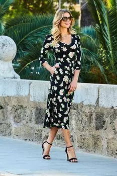 Платье с V-образным вырезом рукавами 3/4 и расклешенными рукавами Sosandar, черный