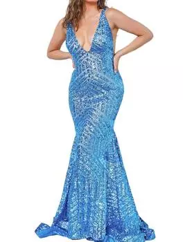 Платье с V-образным вырезом, украшенное пайетками, светло-синего цвета JOVANI