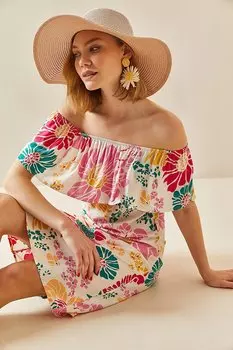 Платье с воланами и вырезом лодочка цвета фуксии 3YXK6-47312-07 XHAN