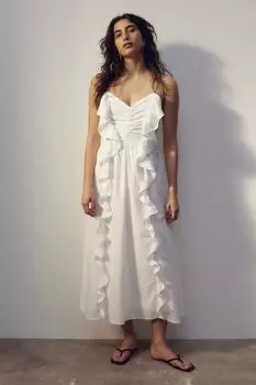 Платье с воланами из смеси льна H&M, белый