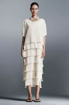 Платье с воланами ZARA, бежевый/зеленый