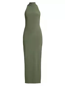 Платье с воротником и разрезом на бретельках Norma Kamali, цвет celadon