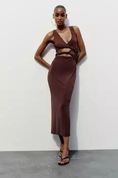 Платье с выкрученным вырезом ZARA, темный коричневый