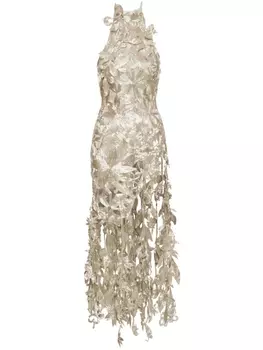 Платье с вырезом халтер и цветочным декором Oscar de la Renta, бежевый