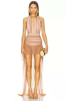 Платье с высоким и низким подолом на завязках Norma Kamali, cappuccino & snow white