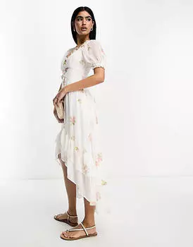 Платье с высоким низким подолом и пуговицами ASOS DESIGN с розовым цветочным принтом и вышивкой из вышивки