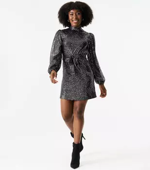 Платье с высоким воротником длинными рукавами и поясом с пайетками Gini London, черный