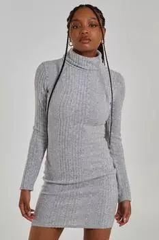 Платье с высоким воротником и массивным начесом в рубчик Pink Vanilla, серый