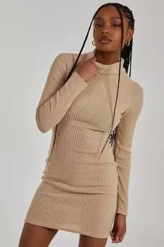 Платье с высоким воротником и массивным начесом в рубчик Pink Vanilla, белый