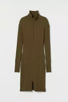 Платье с высоким воротником в рубчик H&amp;M, темно-зеленый хаки