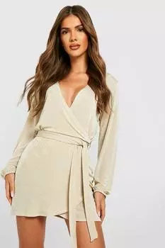 Платье с запахом и объемным поясом Boohoo, шампанское