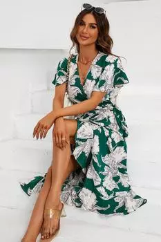 Платье с запахом и рукавами «ангел» с принтом FS Collection, зеленый