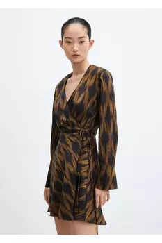 Платье с запахом и узором Mango, черный