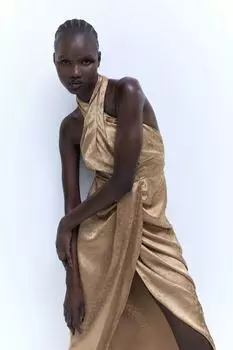 Платье с запахом и вырезом халтер H&M, темно-бежевый