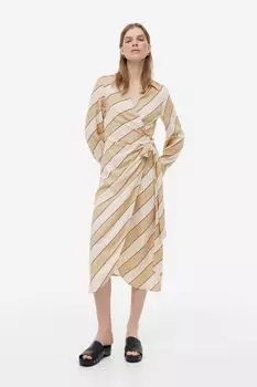 Платье с запахом из смесовой льняной ткани H&M, бежевые/диагональные полосы