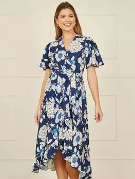 Платье с запахом миди в цветочек Yumi, темно-синий