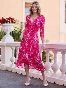 Платье с запахом по низу с цветочными оборками Sosandar, розовый